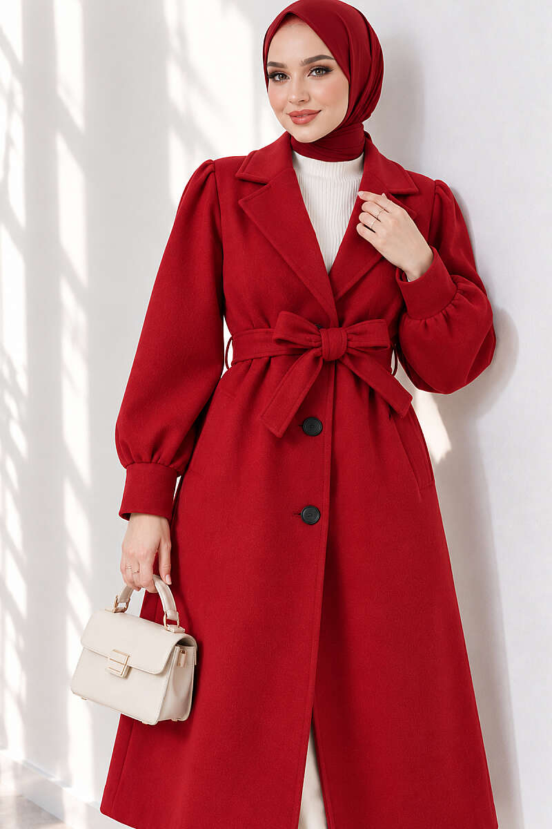 Long Felt Coat with Puff Sleeves - Red