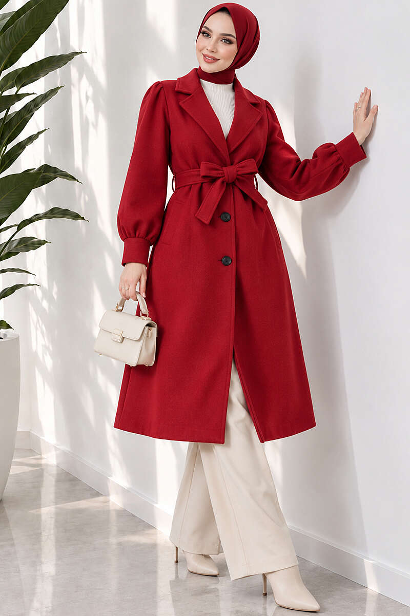 Long Felt Coat with Puff Sleeves - Red