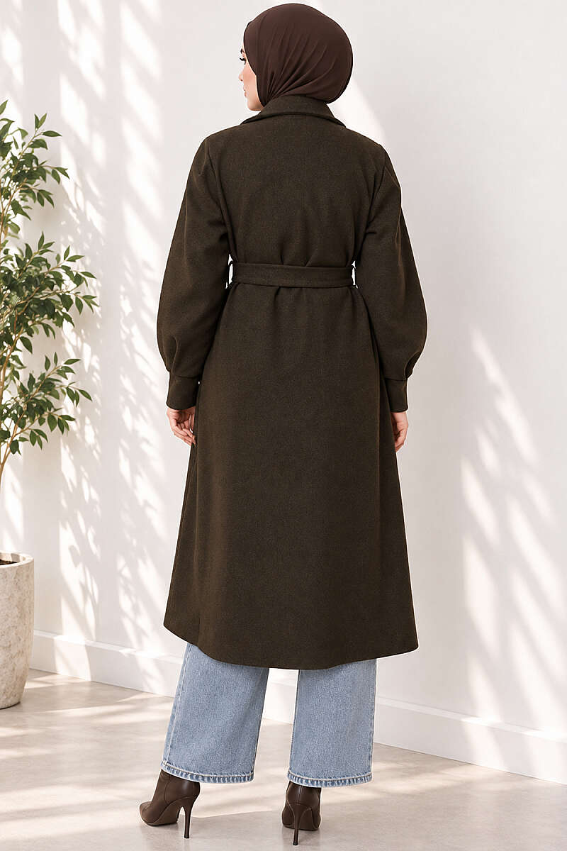 Long Felt Coat with Puff Sleeves - Dark Khaki