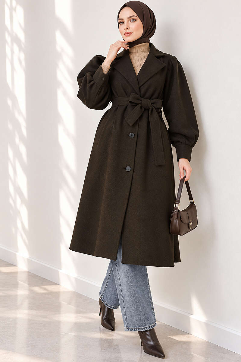 Long Felt Coat with Puff Sleeves - Dark Khaki