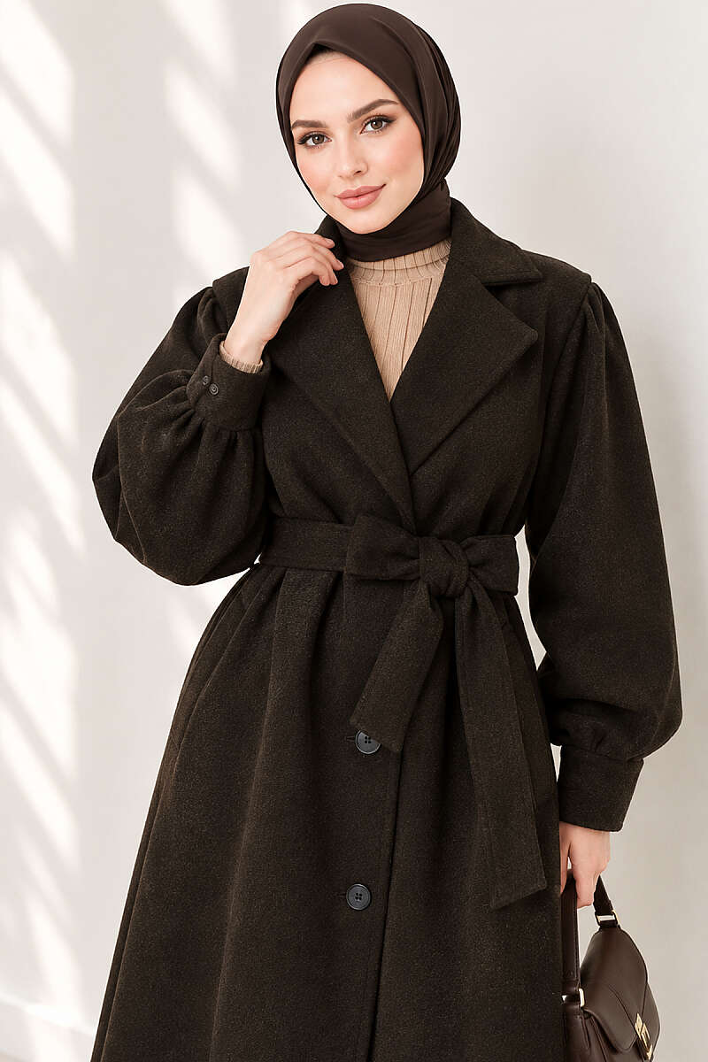 Long Felt Coat with Puff Sleeves - Dark Khaki
