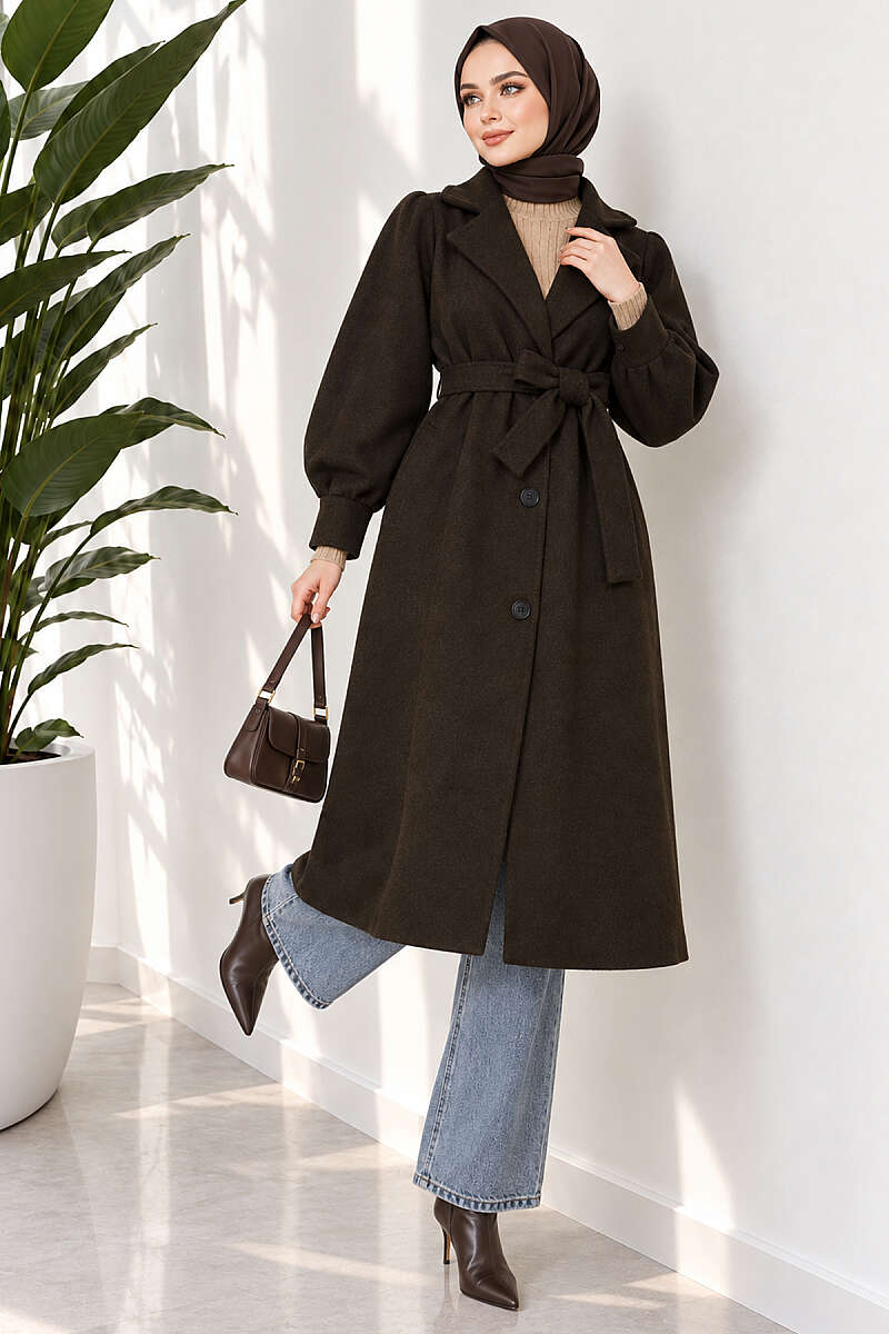 Long Felt Coat with Puff Sleeves - Dark Khaki