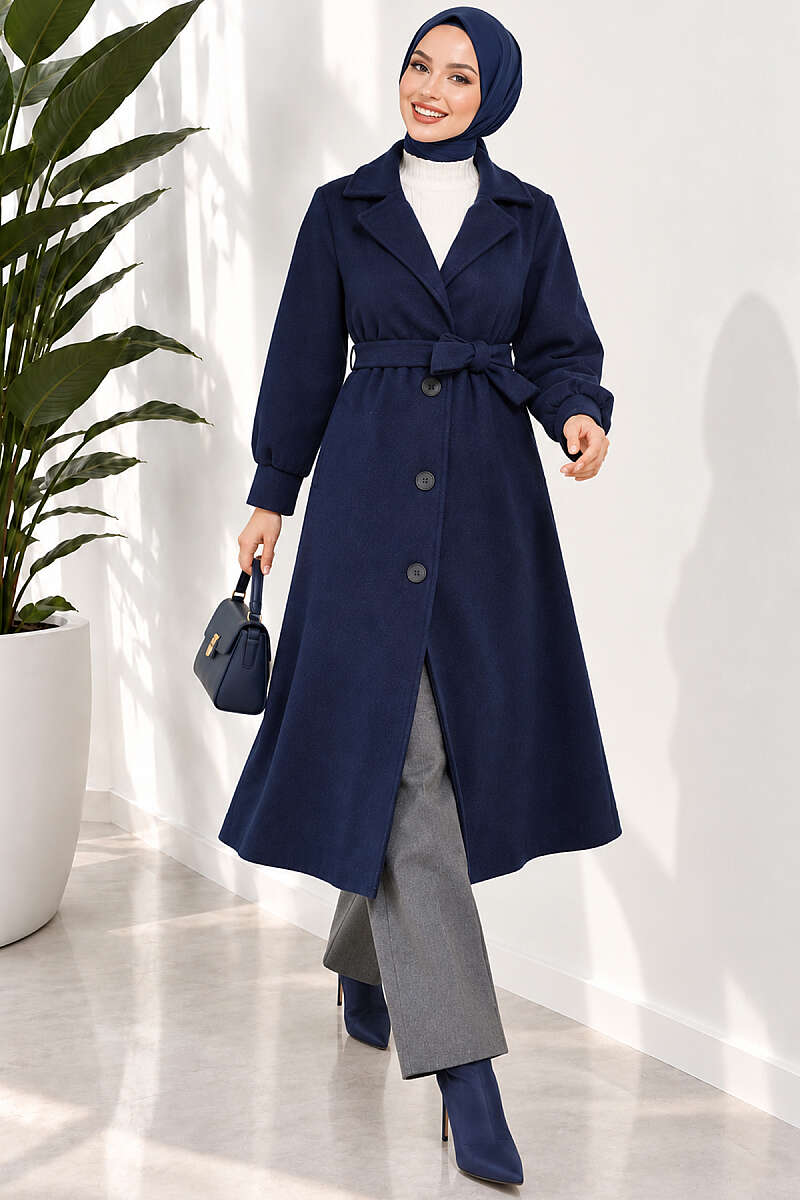 Long Felt Coat with Puff Sleeves - Navy