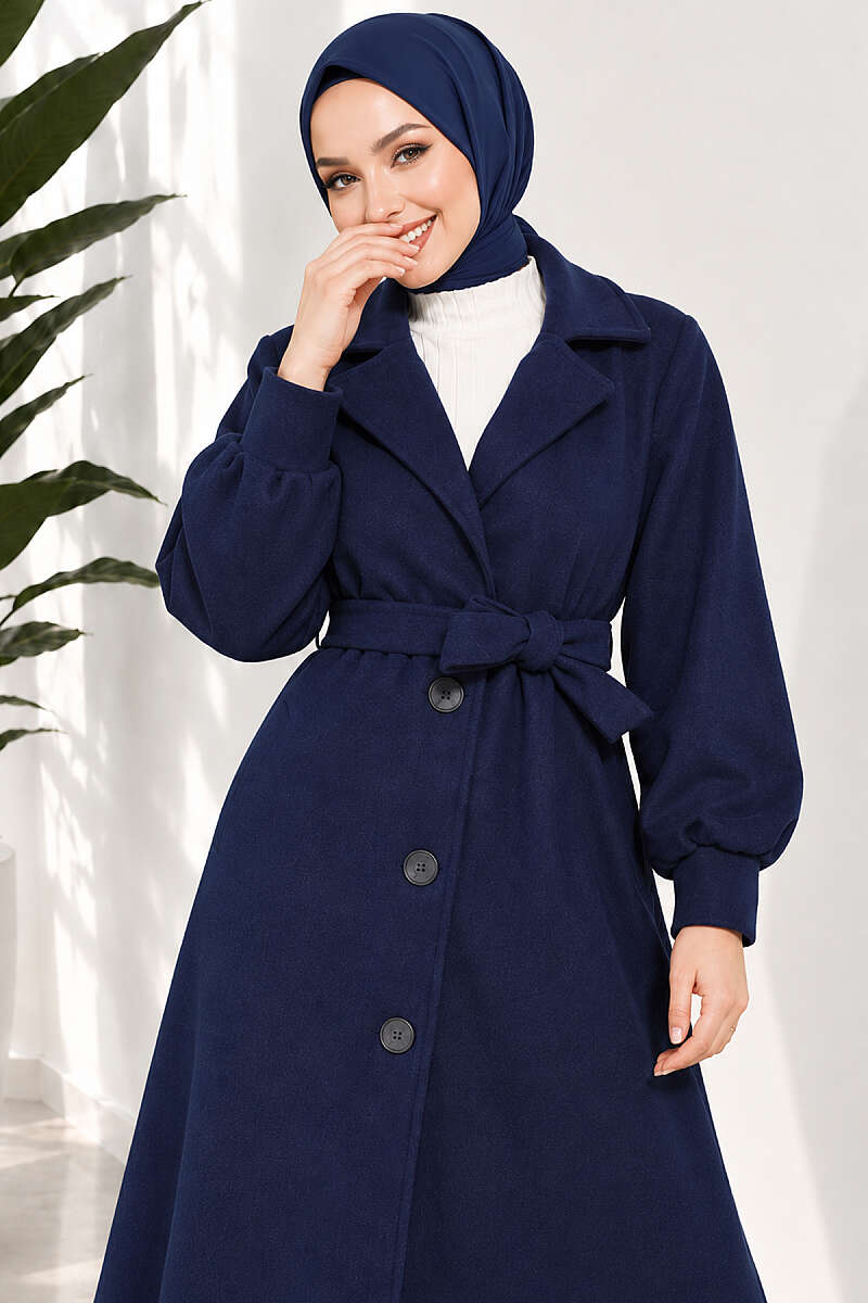 Long Felt Coat with Puff Sleeves - Navy
