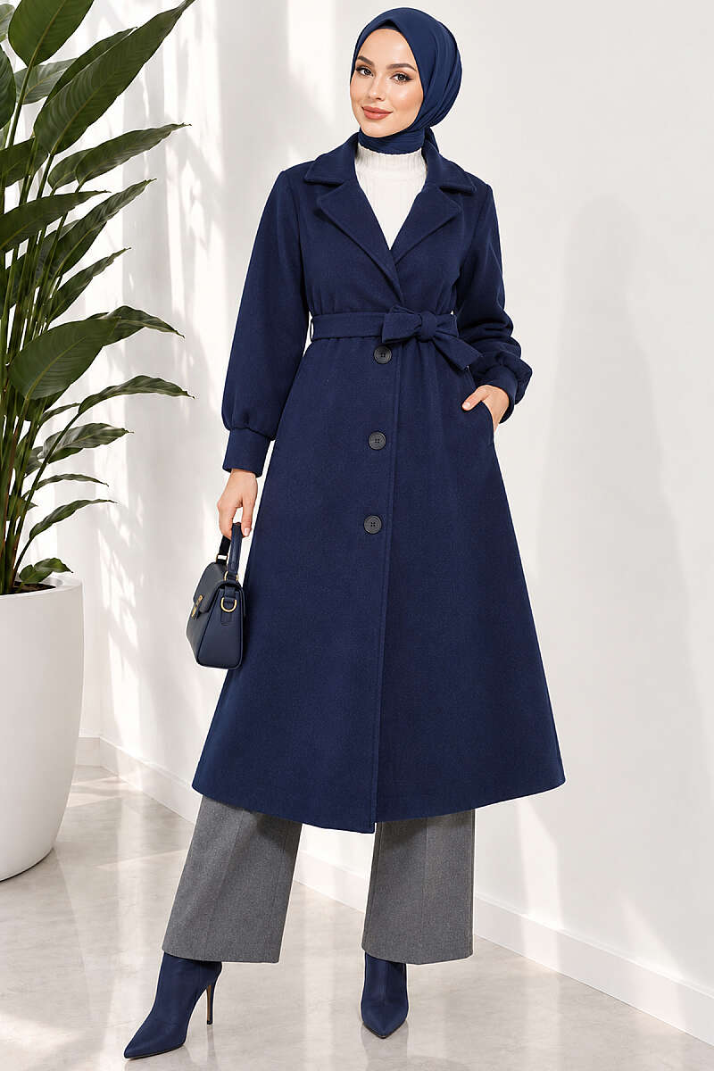 Long Felt Coat with Puff Sleeves - Navy