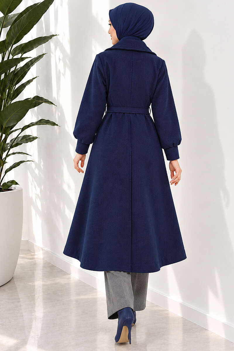 Long Felt Coat with Puff Sleeves - Navy