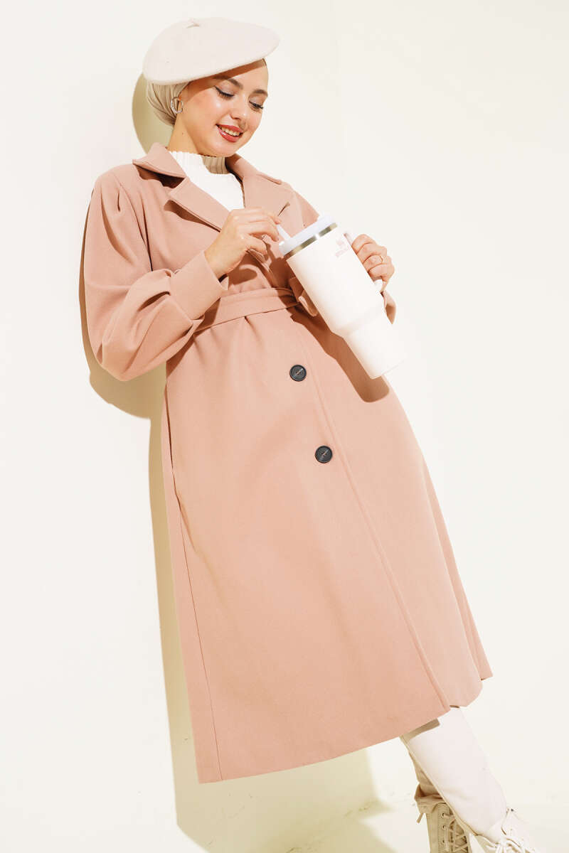 Long Felt Coat with Puff Sleeves - Powder