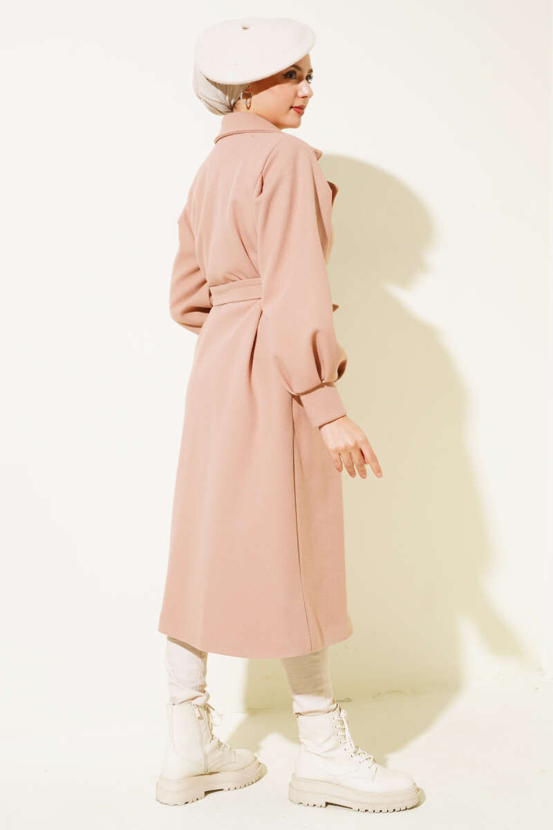 Long Felt Coat with Puff Sleeves - Powder