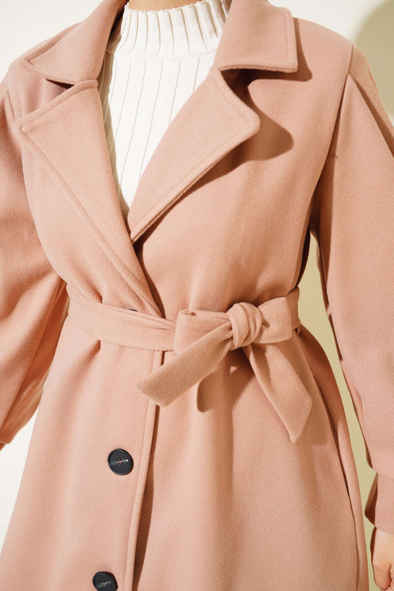 Long Felt Coat with Puff Sleeves - Powder