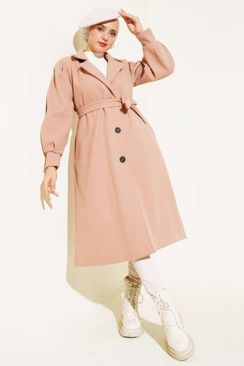 Long Felt Coat with Puff Sleeves - Powder