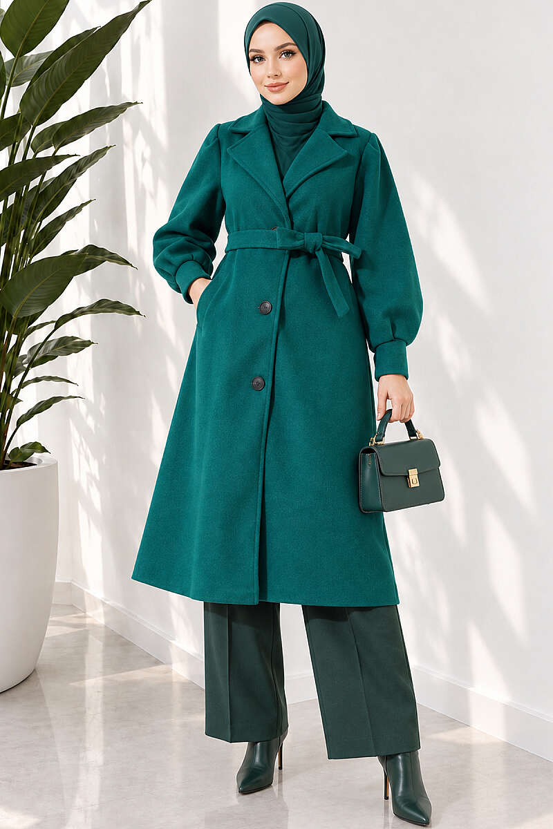 Long Felt Coat with Puff Sleeves - Emerald