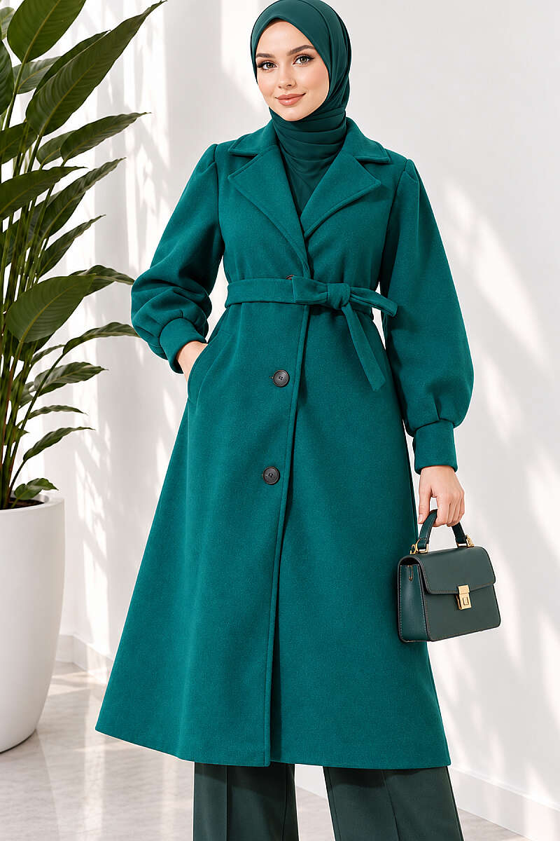 Long Felt Coat with Puff Sleeves - Emerald