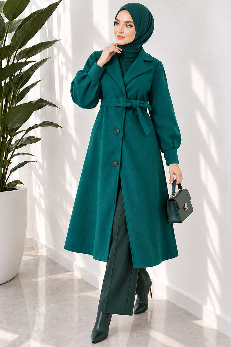Long Felt Coat with Puff Sleeves - Emerald
