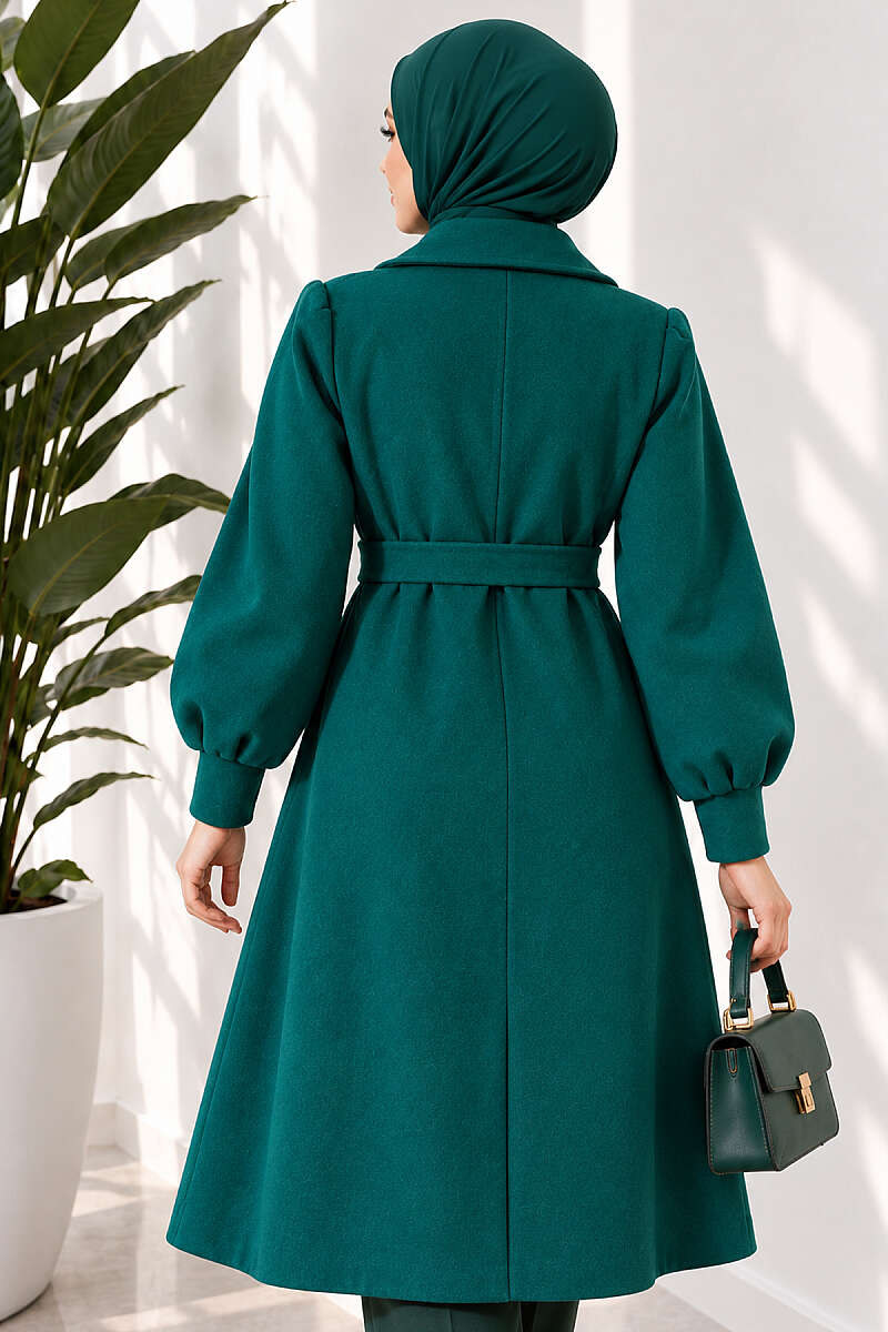 Long Felt Coat with Puff Sleeves - Emerald