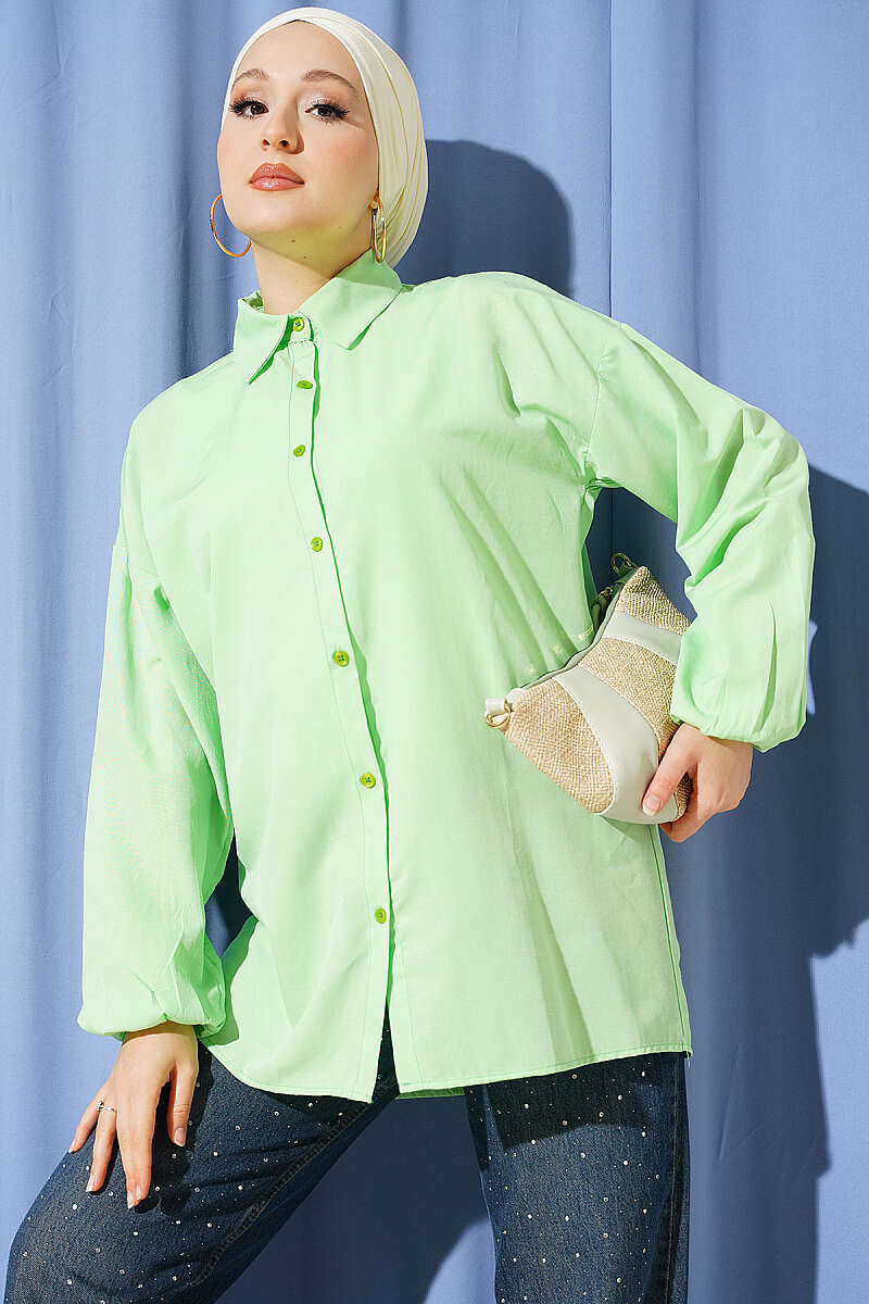 Basic Shirt with Elastic Cuffs - Aqua Green