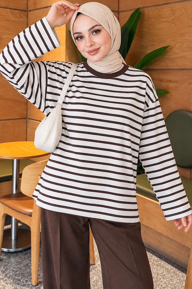 Basic Striped Crew-Neck Tunic - Brown