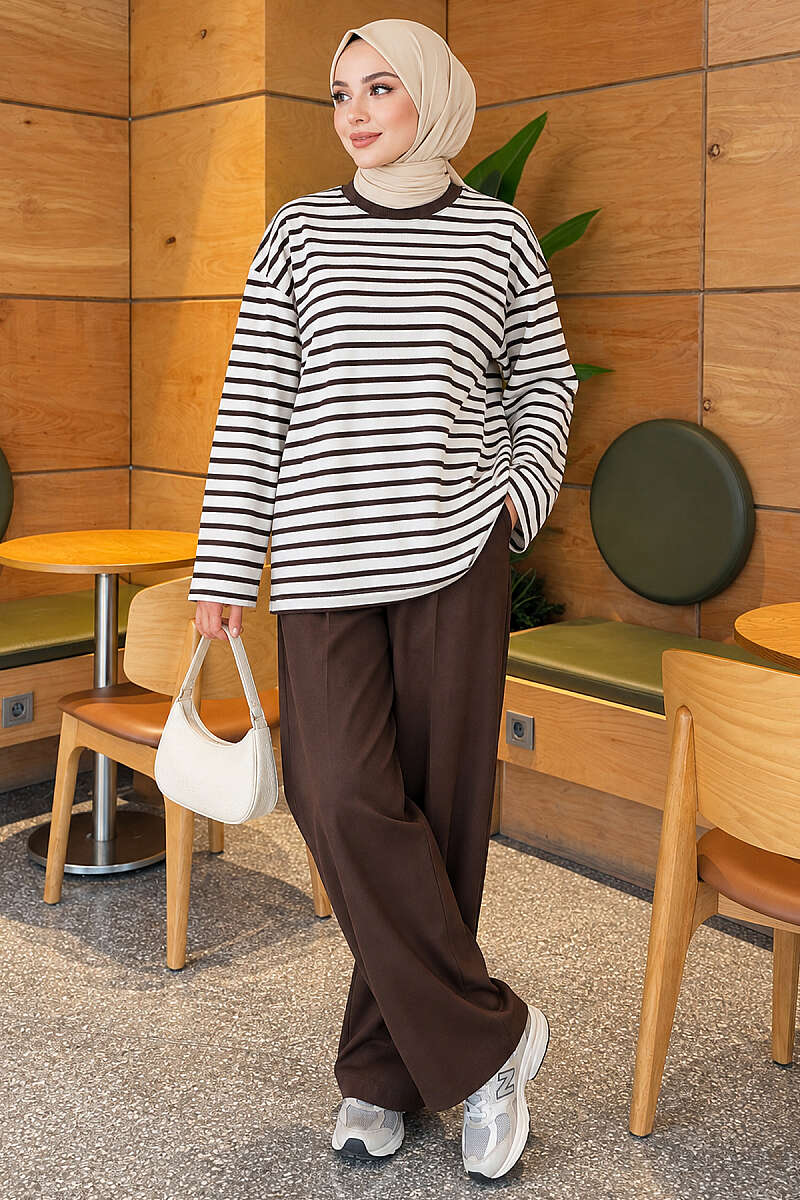 Basic Striped Crew-Neck Tunic - Brown