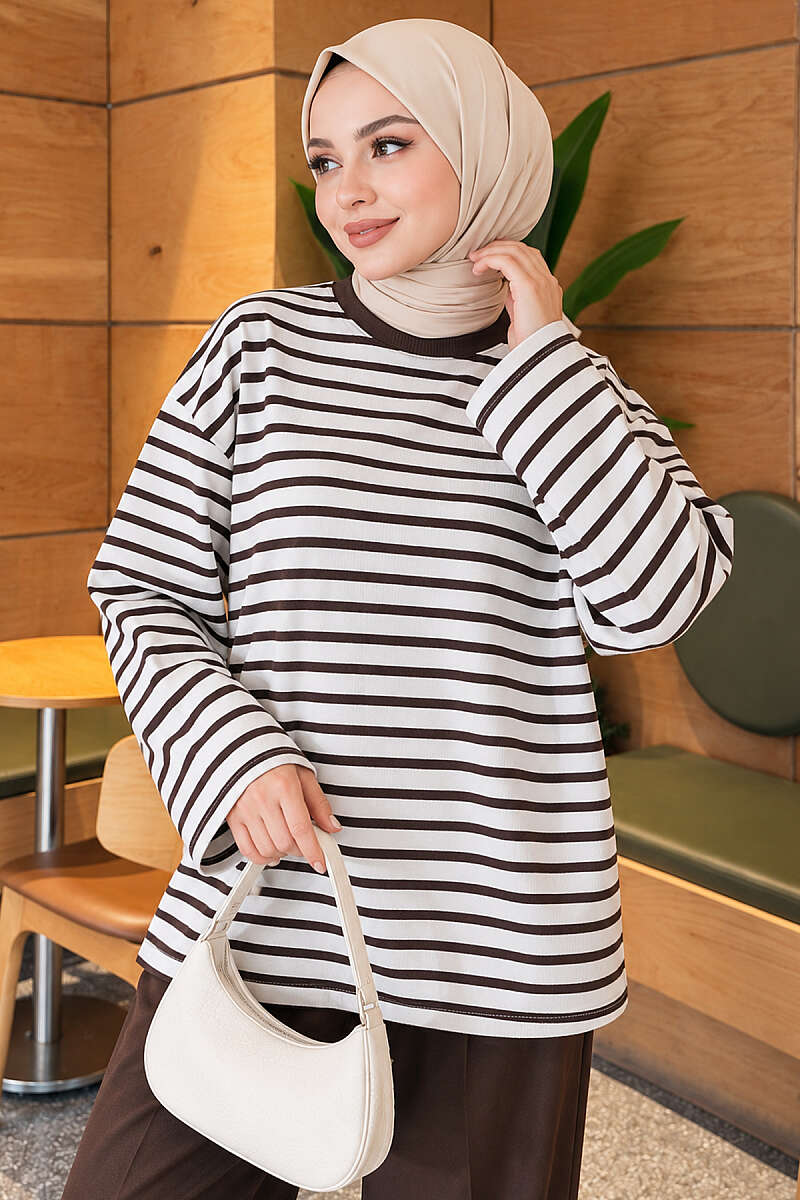 Basic Striped Crew-Neck Tunic - Brown