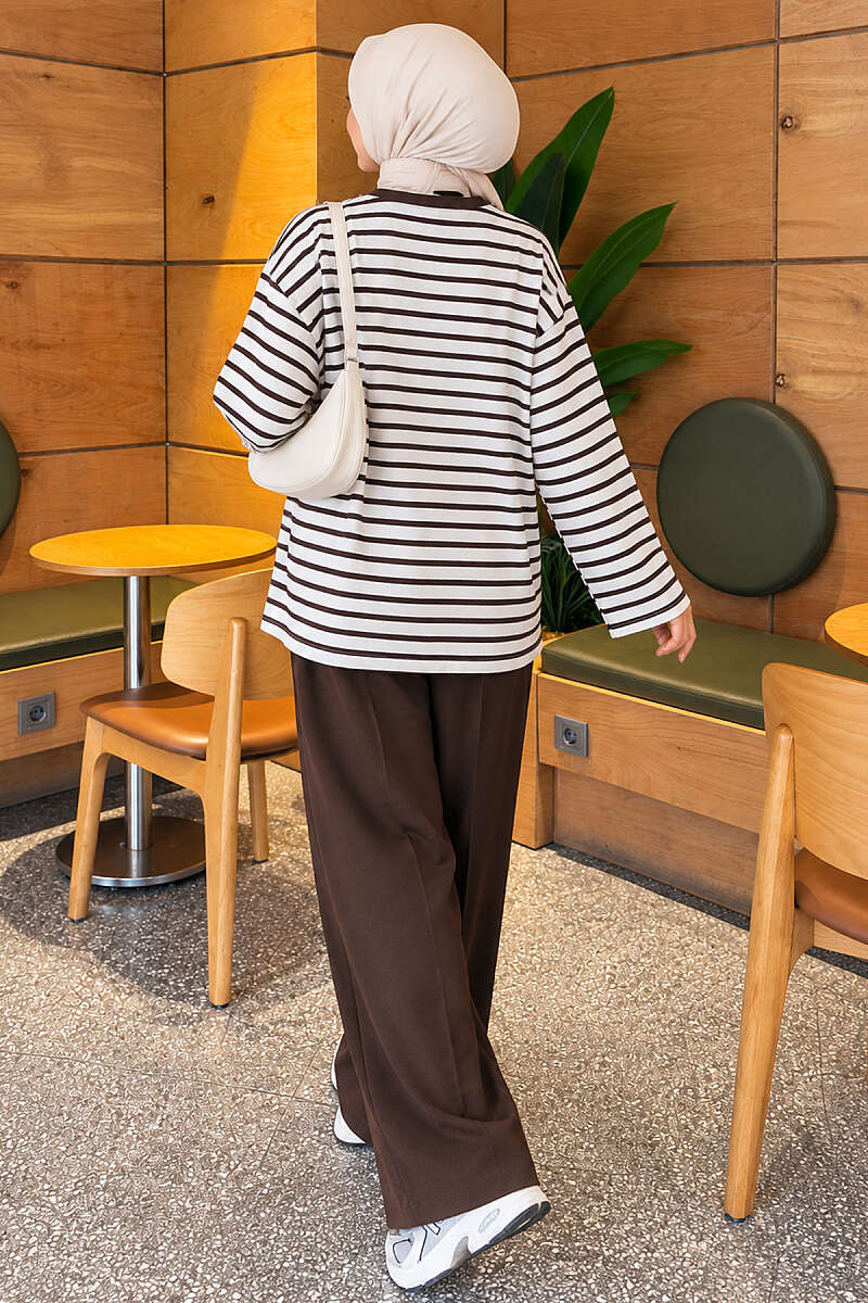 Basic Striped Crew-Neck Tunic - Brown