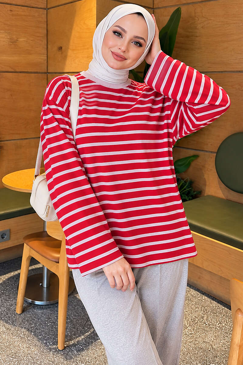 Basic Striped Crew-Neck Tunic - Red