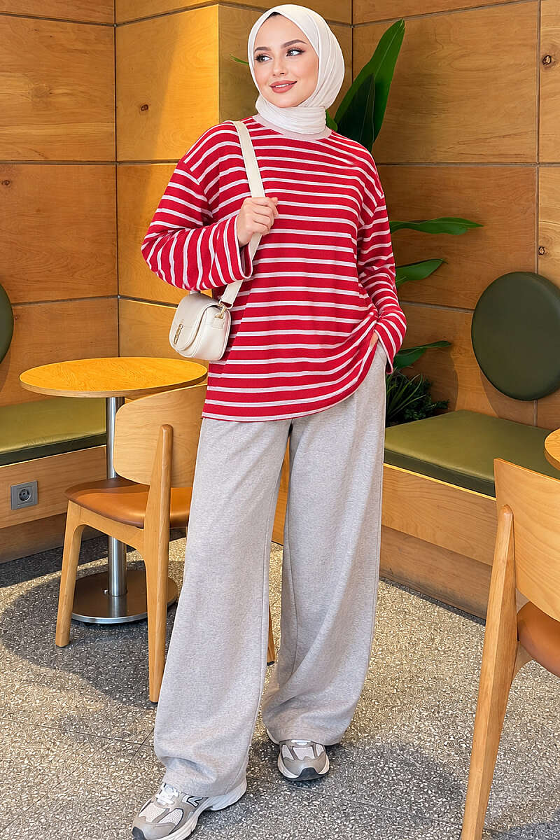 Basic Striped Crew-Neck Tunic - Red