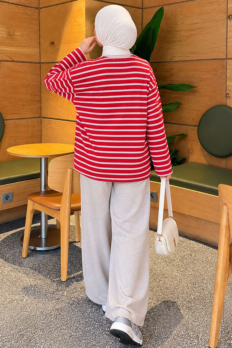 Basic Striped Crew-Neck Tunic - Red
