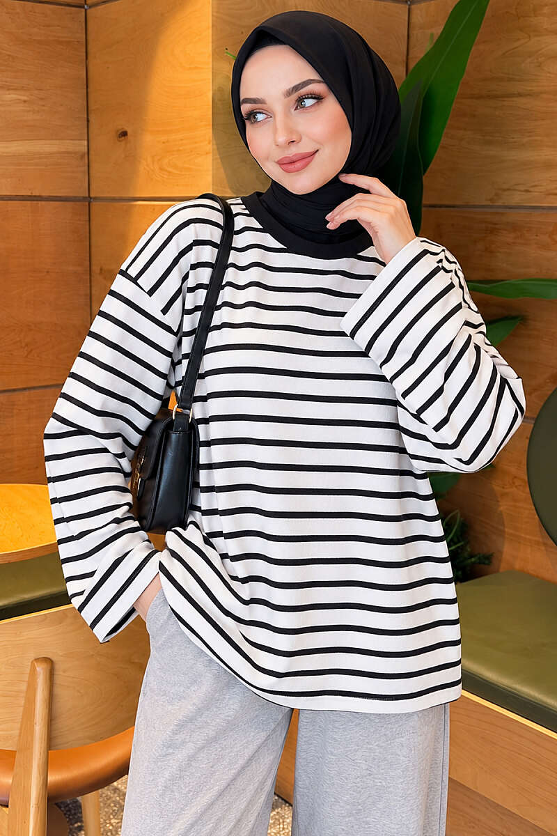 Basic Striped Crew-Neck Tunic - Black