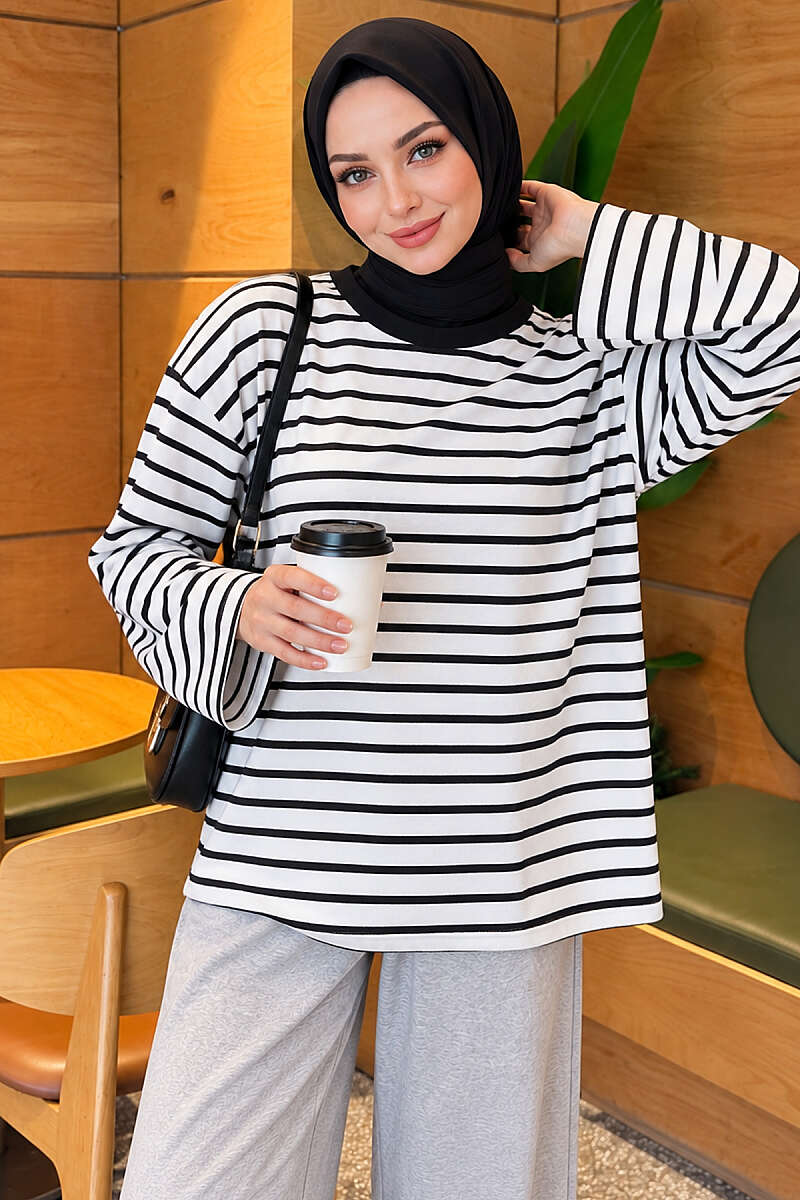 Basic Striped Crew-Neck Tunic - Black