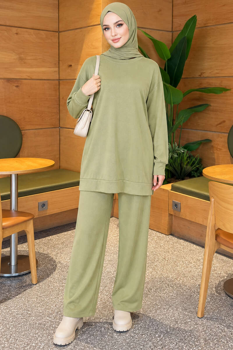 Basic Crew-Neck Two-Piece Set - Almond Green