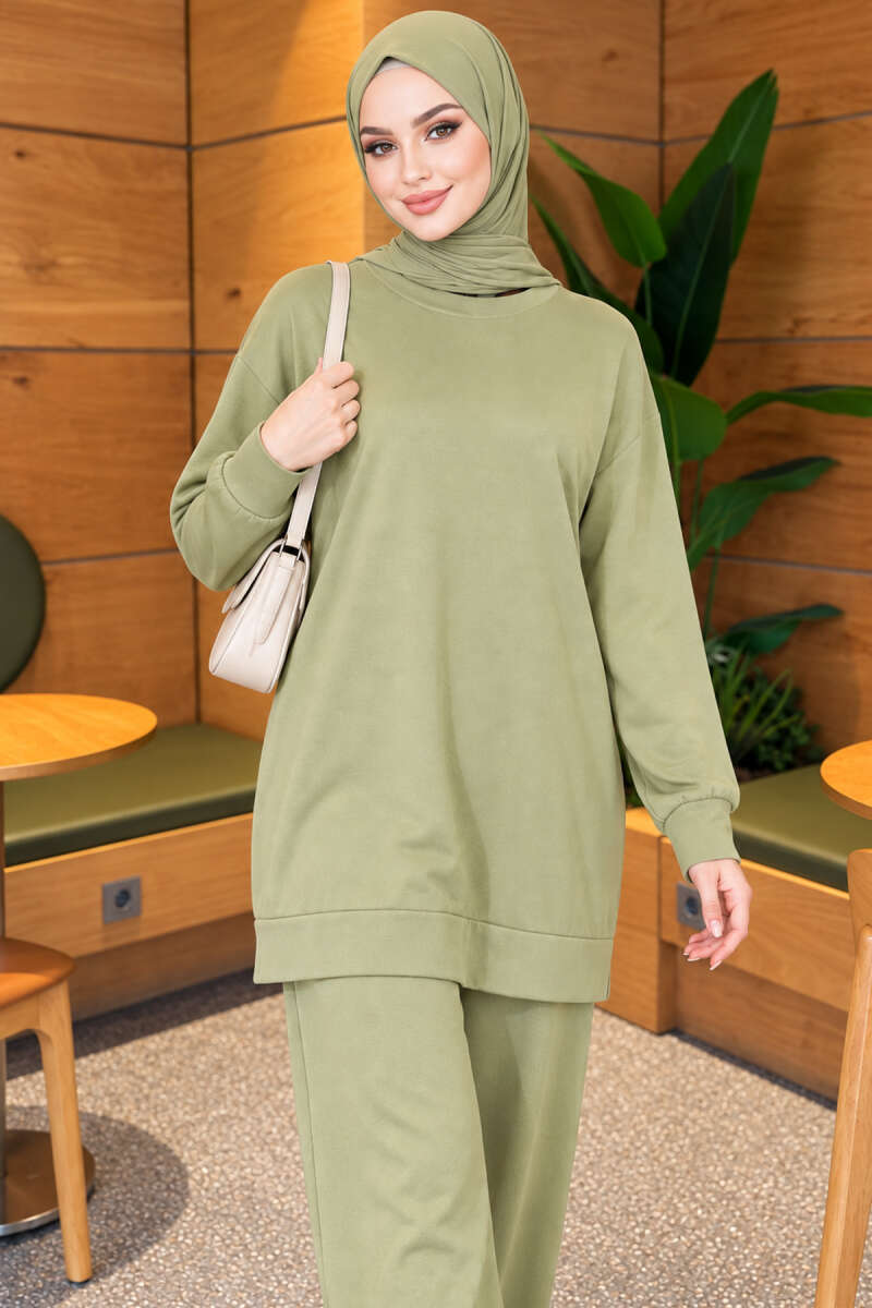 Basic Crew-Neck Two-Piece Set - Almond Green
