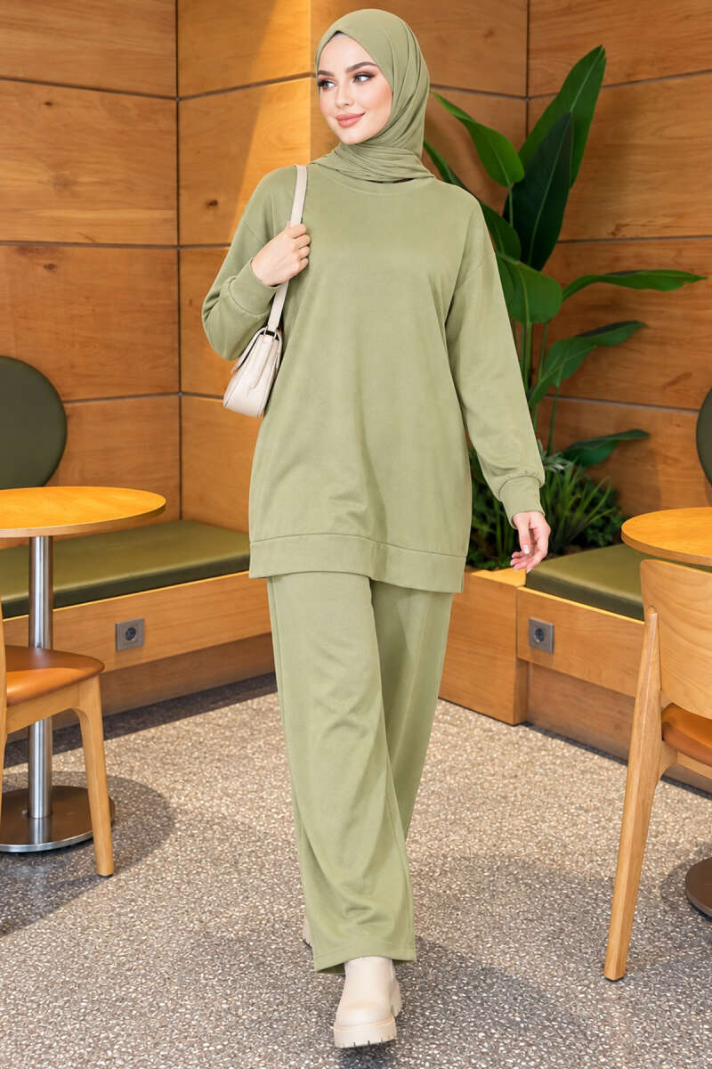 Basic Crew-Neck Two-Piece Set - Almond Green