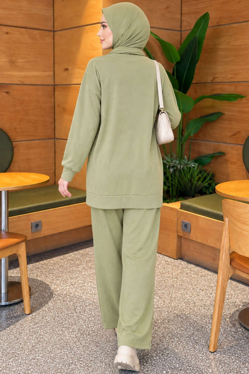 Basic Crew-Neck Two-Piece Set - Almond Green