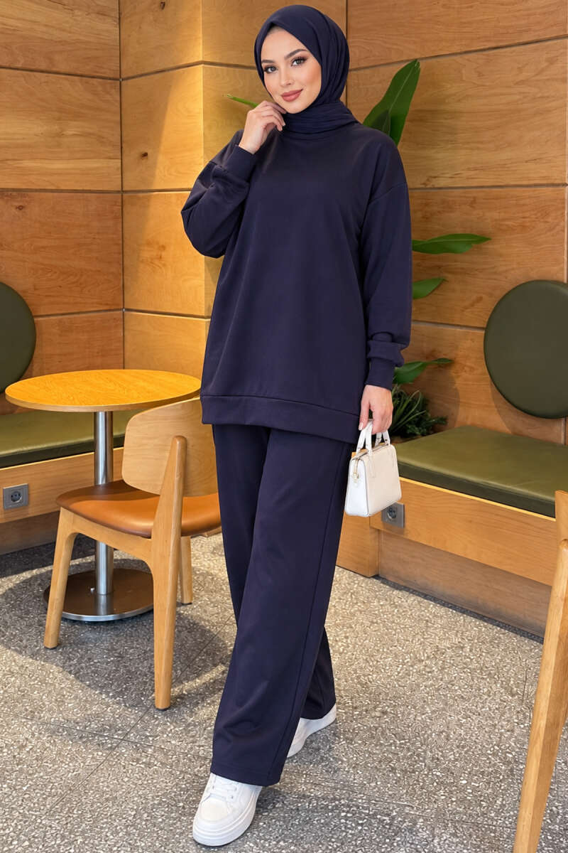 Basic Crew-Neck Two-Piece Set - Navy