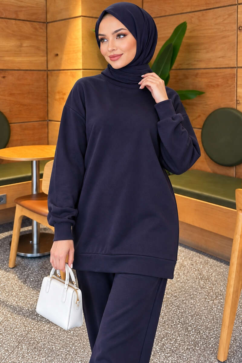 Basic Crew-Neck Two-Piece Set - Navy