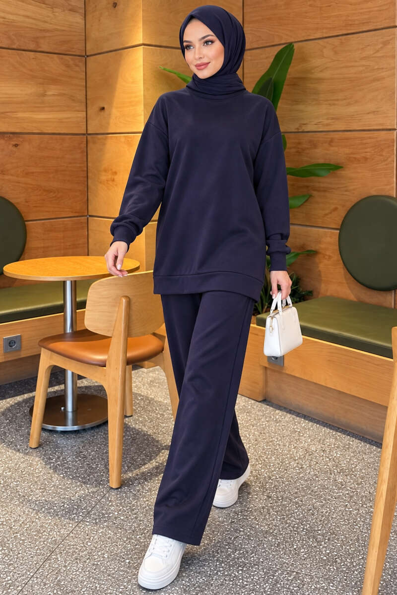 Basic Crew-Neck Two-Piece Set - Navy