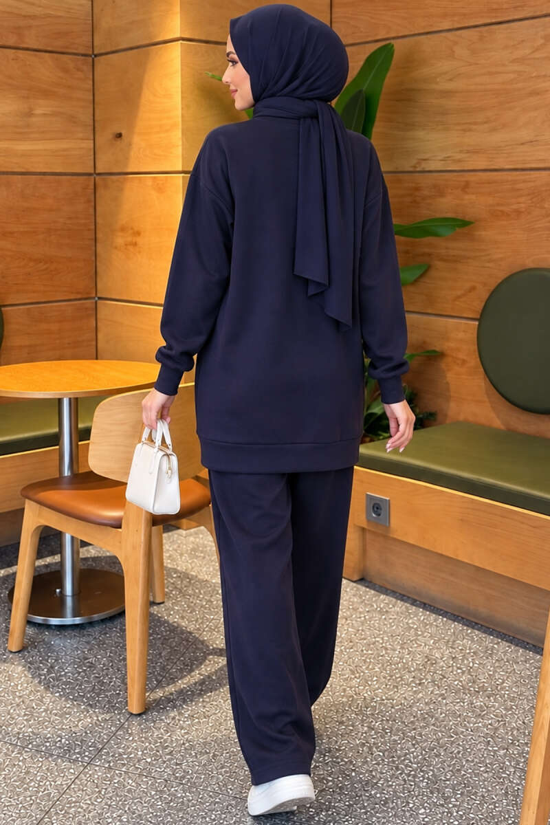 Basic Crew-Neck Two-Piece Set - Navy