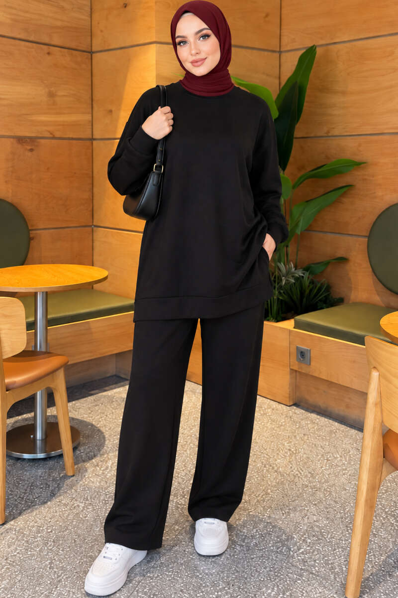 Basic Crew-Neck Two-Piece Set - Black