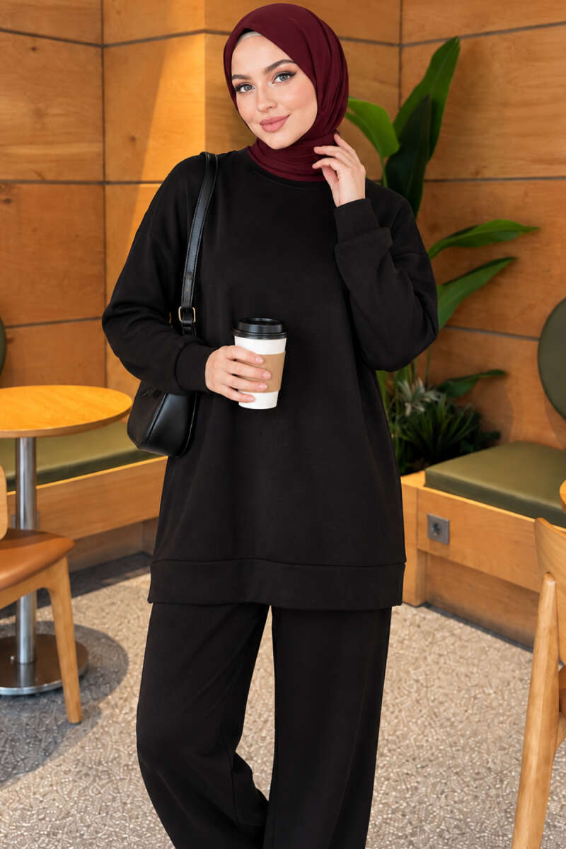 Basic Crew-Neck Two-Piece Set - Black