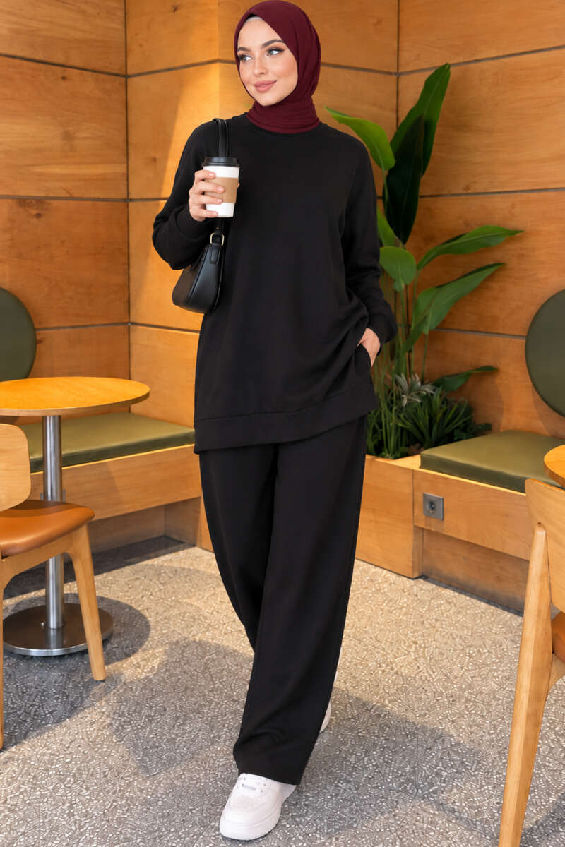Basic Crew-Neck Two-Piece Set - Black