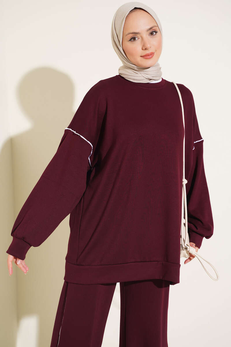 Basic Two-Piece Set with Piping - Burgundy
