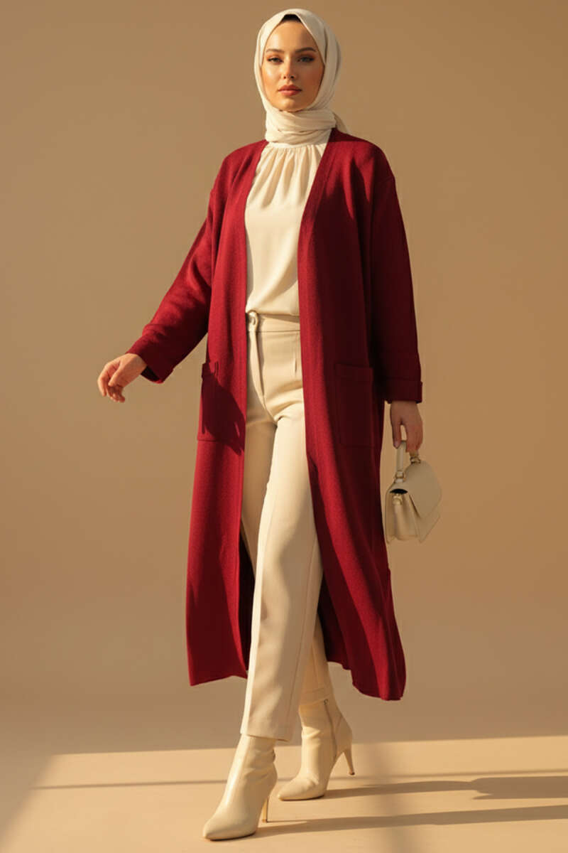 Basic Long Knit Cardigan with Two Pockets - Burgundy