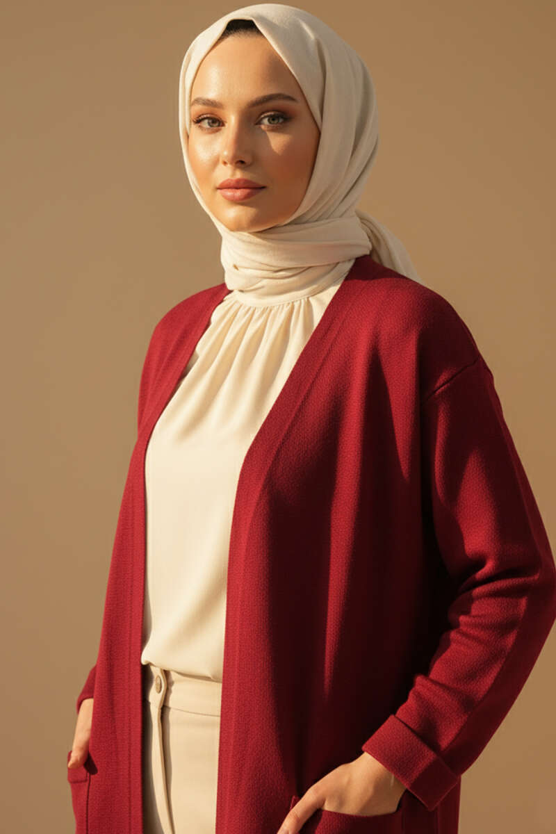 Basic Long Knit Cardigan with Two Pockets - Burgundy