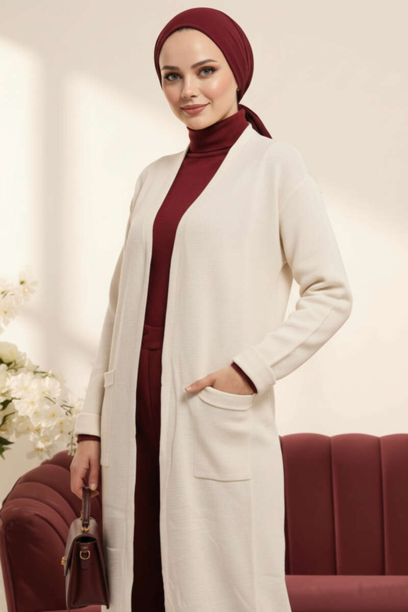 Basic Long Knit Cardigan with Two Pockets - Ecru