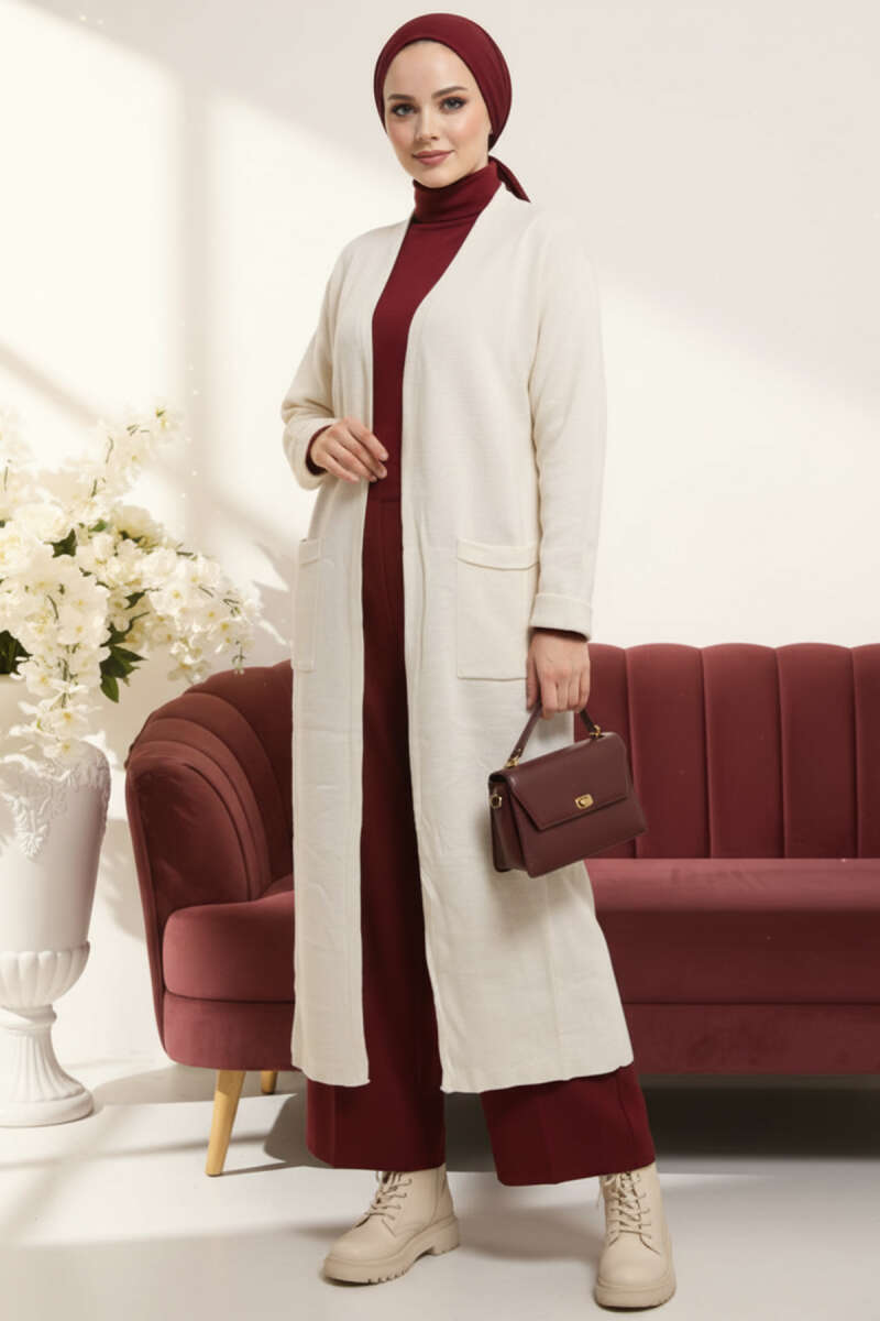 Basic Long Knit Cardigan with Two Pockets - Ecru