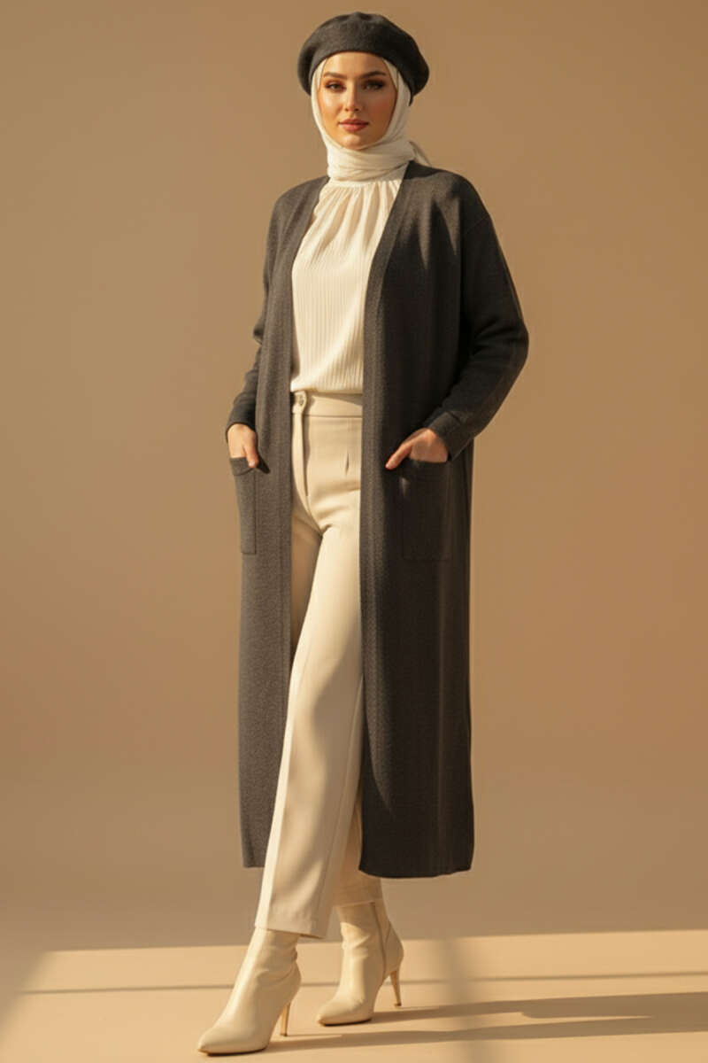 Basic Long Knit Cardigan with Two Pockets - Smoke Grey