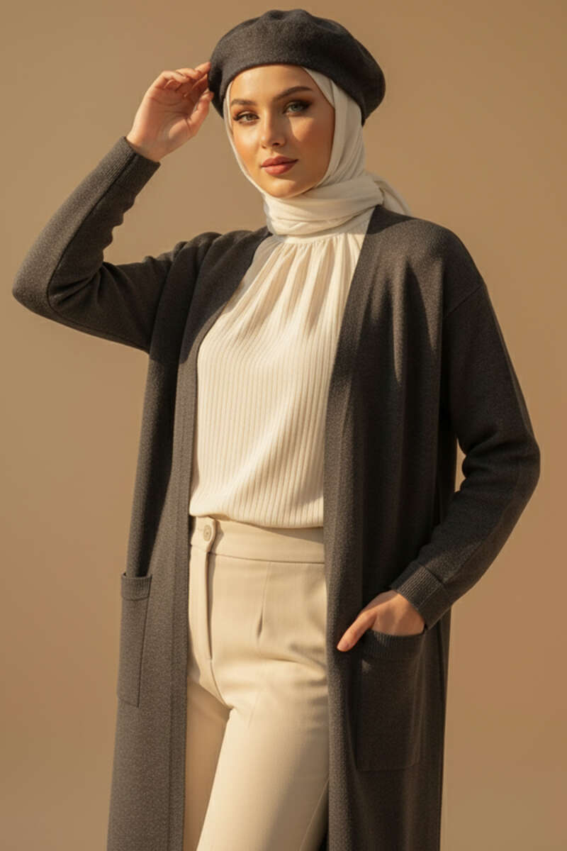 Basic Long Knit Cardigan with Two Pockets - Smoke Grey
