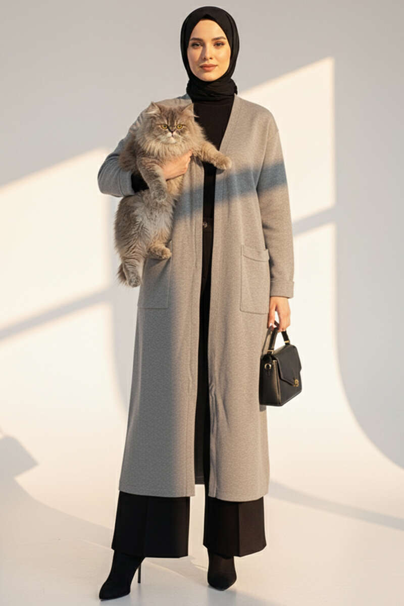 Basic Long Knit Cardigan with Two Pockets - Grey