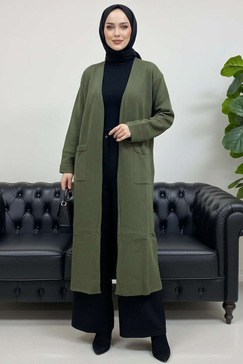 Basic Long Knit Cardigan with Two Pockets - Khaki