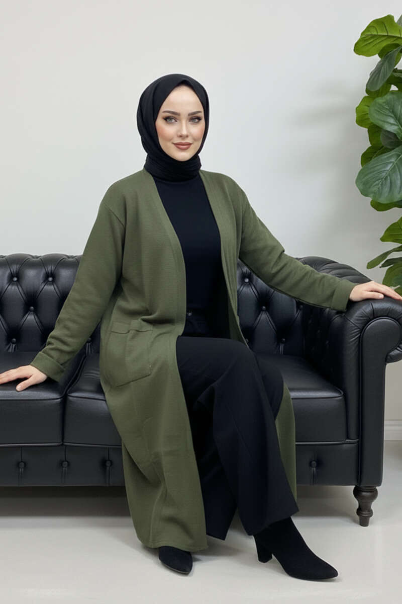 Basic Long Knit Cardigan with Two Pockets - Khaki