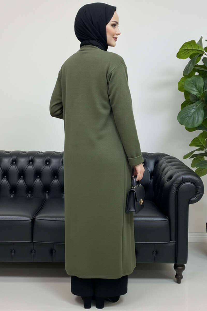 Basic Long Knit Cardigan with Two Pockets - Khaki